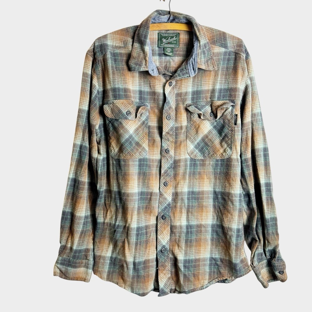 Woolrich Flannel Shirt Mens Medium Plaid Long Sleeve Button Up Denim Collar Trim